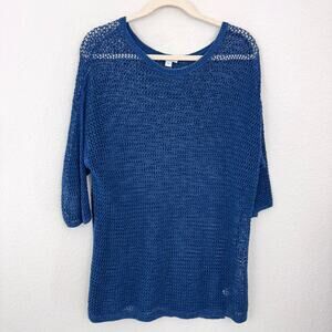 J. Jill Womens Open Knit Tunic Top Sweater Size L Linen Cotton Beachy Blue